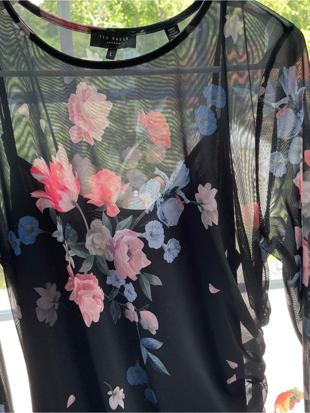 Ted Baker Black Floral Printed Mesh Column Dress Ruched Side Maxi Size L - Picture 10 of 11